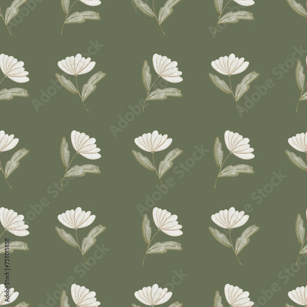 Obraz Watercolor rustic floral daisy seamless pattern on an olive background. Hand drawn wallpaper, print design.