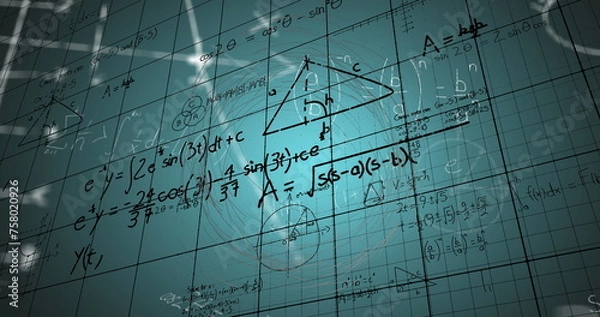 Obraz Image of digital screen with scientific data, graphs and math formulas on green background
