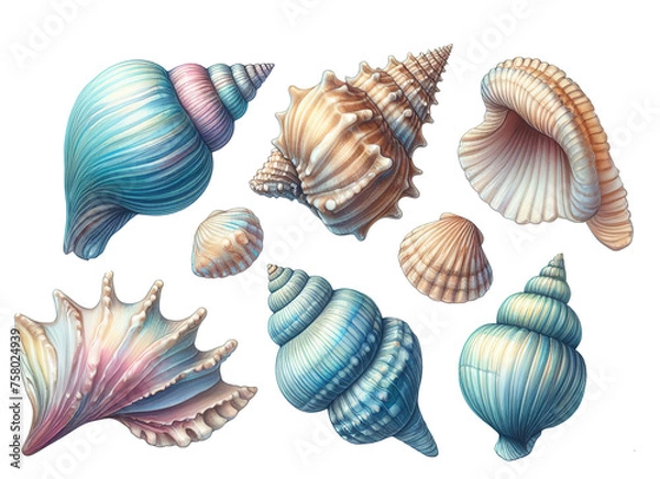 Fototapeta Digital drawing realistic beautiful sea shells of various colors and textures isolated on a transparent background. Blue, pink and beige shades.