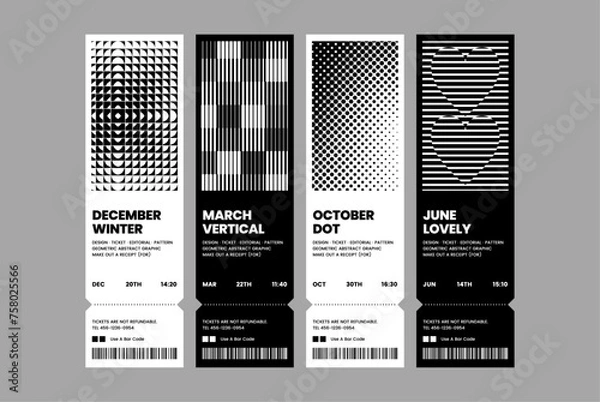 Fototapeta Modern exhibition ticket template layout abstract geometric shapes dot heart line square pattern poster minimal black white  