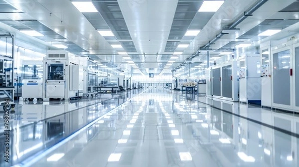 Fototapeta The image showcases an immaculate, well-lit manufacturing facility with advanced technological equipment and a reflective floor
