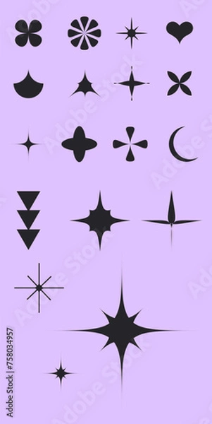 Fototapeta Vector illustration. Bauhaus. Abstract modern geometric shape silhouettes, black brutalism forms on violet background. Drawn minimalist style. Contemporary figures stars, flowers decoration elements