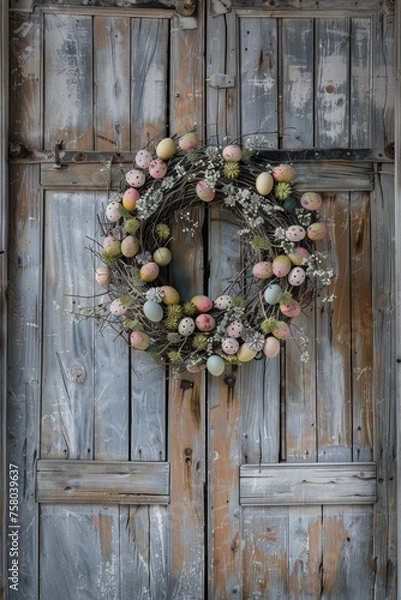 Obraz A Celebration of Spring's Arrival: A Cozy Barn Door Festooned with a Vibrant, Handmade Wreath Featuring Twigs and Easter Eggs in Pastel Shades