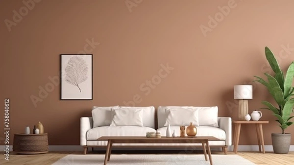 Fototapeta Boho living room with rustic coffee table and white sofa against wall with poster frames