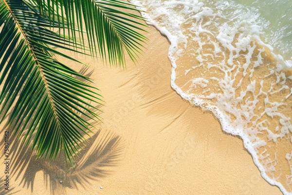 Fototapeta Find serenity on a sandy beach adorned with coconut leaves, kissed by crystal clear sea water under the warm sun