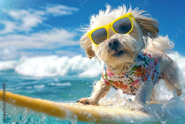 Fototapeta Experience the joy of summer with a playful dog enjoying surfboard fun by the sea