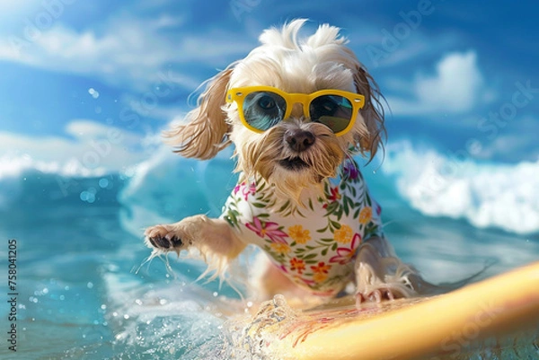 Fototapeta Enjoy beachside entertainment with an energetic dog surfing on a sunny day by the sea