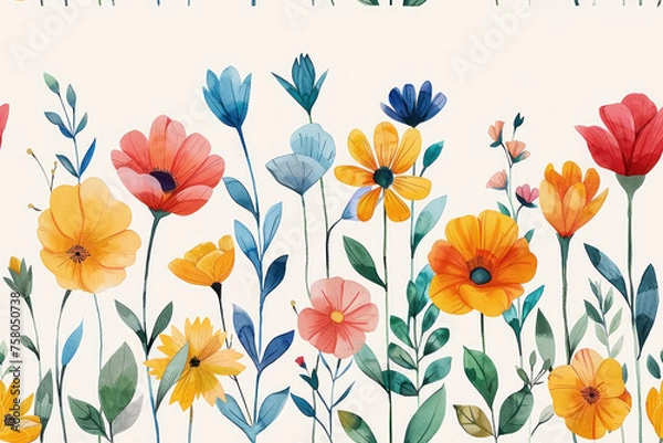 Fototapeta Naive Floral Crayon Drawings Pattern, Continuous with small flower sketches, white background ,seamless repeating pattern.