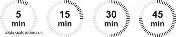 Fototapeta Timer 5, 15, 30, 45 min icon. Countdown minutes timer symbol. Vector Illustration