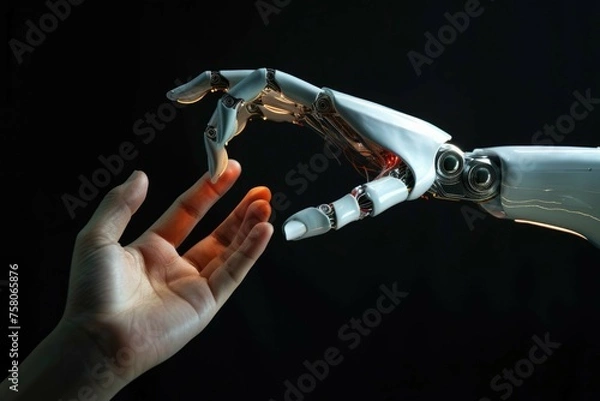 Fototapeta A robotic hand reaching out to a human hand, symbolizing the integration of robotics and humanity