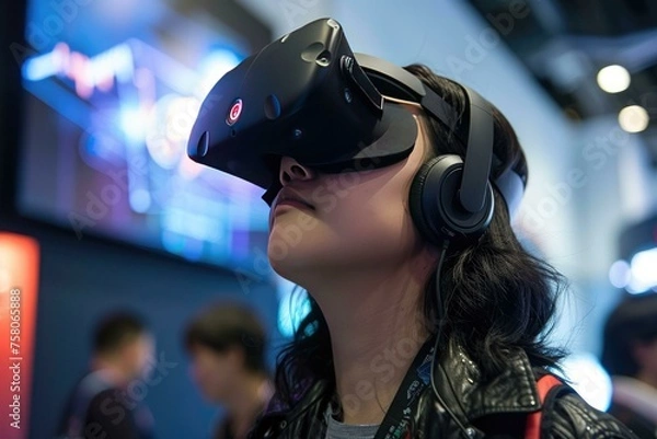 Fototapeta A person wearing a virtual reality headset, immersed in an interactive digital environment, highlighting advancements in VR technology