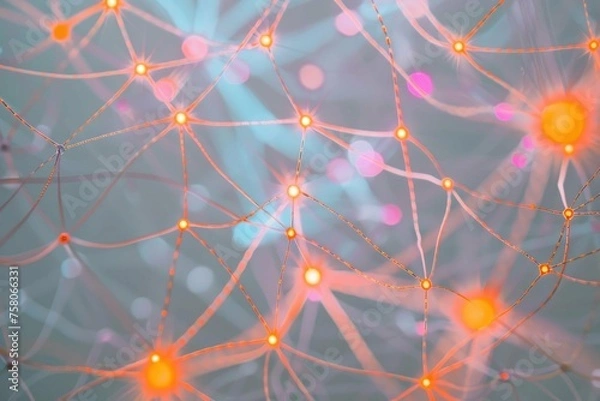 Fototapeta Softly glowing, neon-hued network mesh on a subtle gray canvas