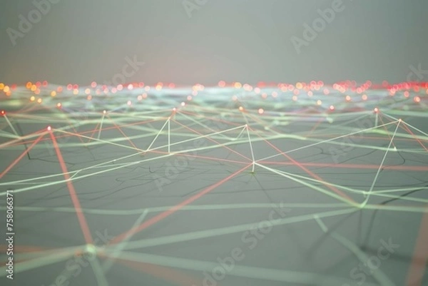 Obraz Softly glowing, neon-hued network mesh on a subtle gray canvas
