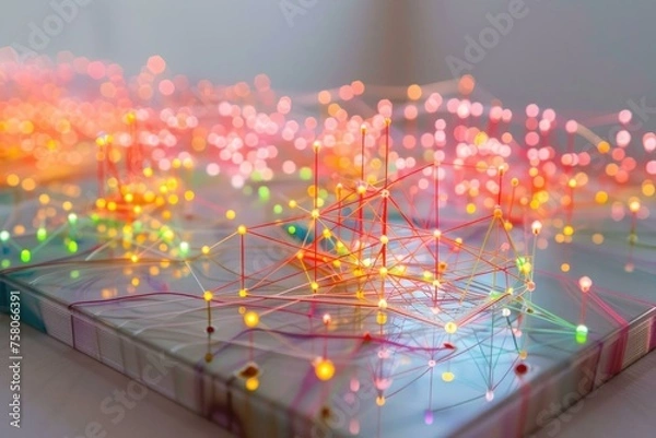 Obraz Softly glowing, neon-hued network mesh on a subtle gray canvas