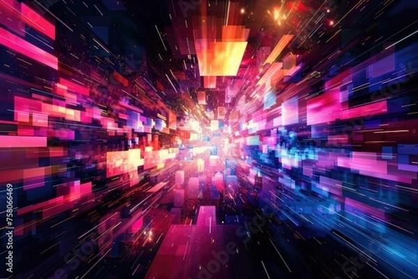 Obraz Vibrant, abstract pixel explosion on a darkened background
