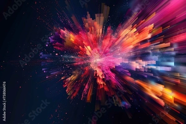 Obraz Vibrant, abstract pixel explosion on a darkened background