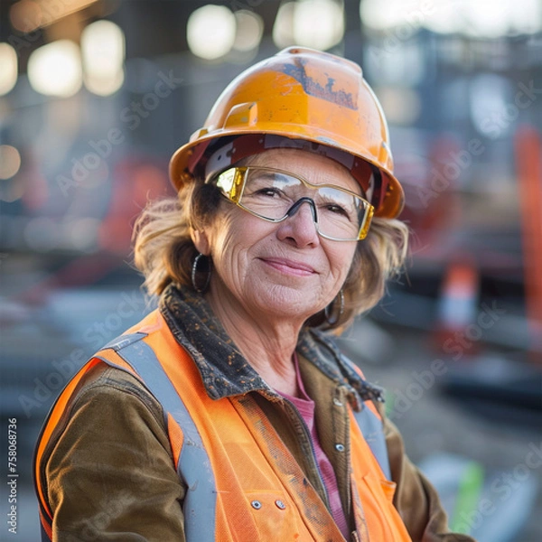 Fototapeta woman working on a construction site, construction hard hat and work vest, smirking, middle aged or older, Generative AI