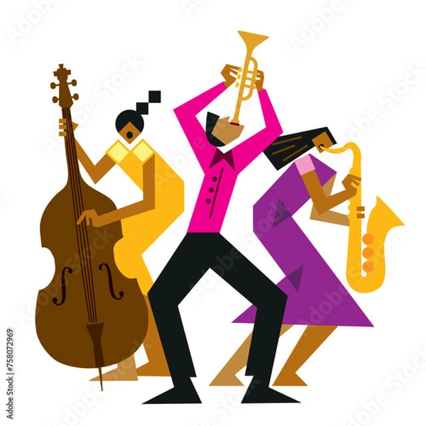 Obraz Jazz Band, Contrabass, saxophon, trumpet.
Funny flat design Illustration of two women jazz musicians  and man with trumpet. Isolated on white background.
