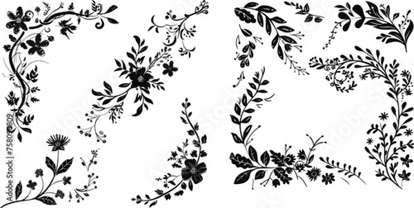 Fototapeta Decorative Black Hand Sketched Rustic Floral Doodle Corners, Branches Dividers