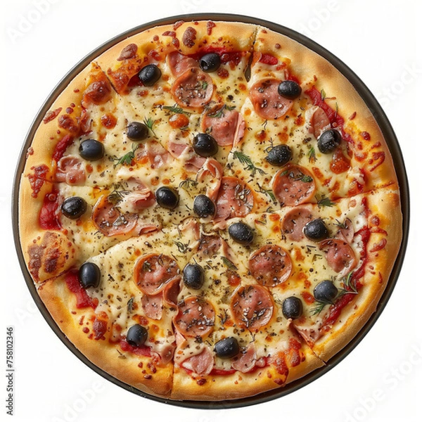 Fototapeta Overhead shot of a freshly-baked pizza with toppings including black olives, ham, and herbs on a white background, perfect for menu design space
