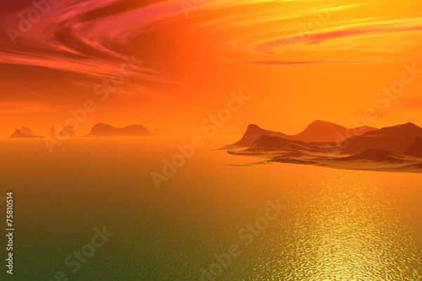 Fototapeta 3D rendered fantasy alien planet. Rocks and  sunset