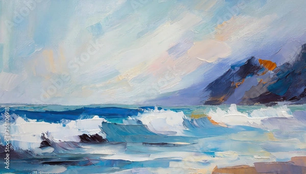 Fototapeta An abstract blue seascape painting in an acrylic and oil style