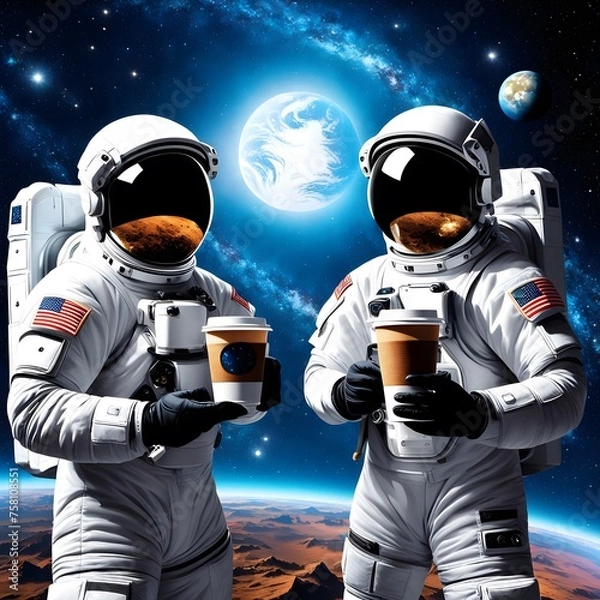 Obraz Two astronaut holding coffee cup in space  and stars in background