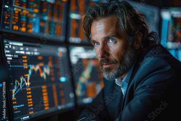 Fototapeta Business man trading currency and looking chart monitor abstract background. Generative ai.