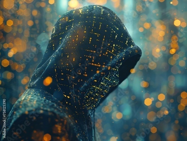 Fototapeta Hacker on bokeh light background, internet crime concept, cybercrime concept, cyberattack, dark web.