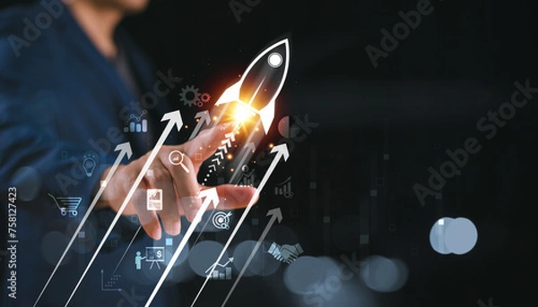 Obraz Increase strategy busines plan trend concept. Achieve growth goal sale marketing, increase success potential, soar rocket towards wealth. Competitive business rocket with up arrow investment icon