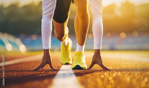 Fototapeta Closeup runner feet and hands in running position on the race arena during sunset. Athlete before the sprint start