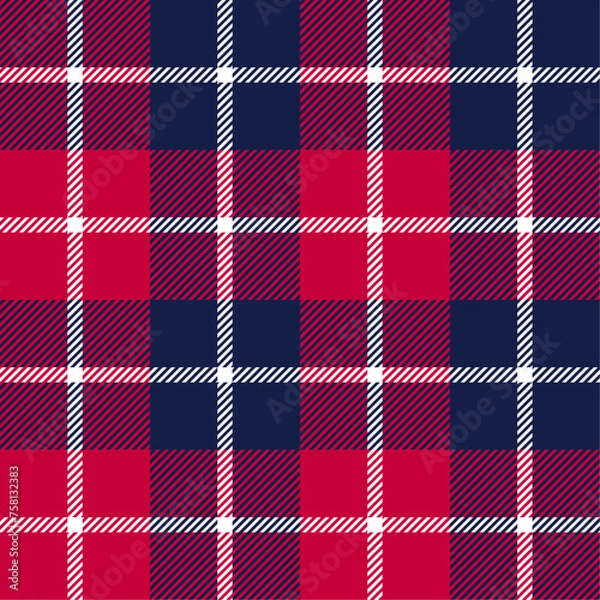 Fototapeta Red, navy blue and white color striped lines tartan check seamless plaid pattern background for textile design, napkin, handkerchief, blanket, cover, tablecloth. Vector illustration.