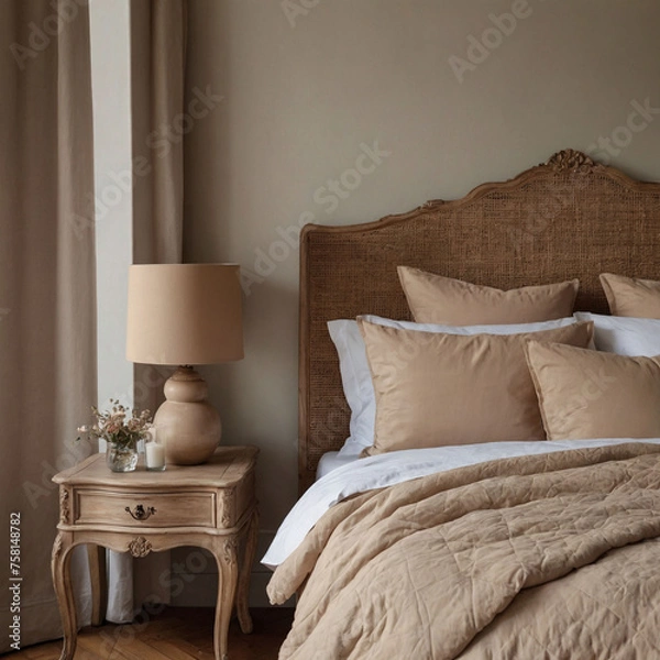 Fototapeta close up of fabric sofa with white and terra cotta pillows french country home interior design of modern living room.