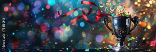Obraz Shiny sparkling silver champion cup on a bright background with sparkles and confetti and festive satin ribbons, second place trophy cup, banner