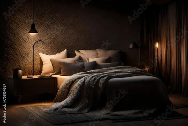 Fototapeta Nighttime scene in a bedroom, illuminated by a stylish bedside lamp, showcasing a comfortable bed with textured throw pillows and a woven blanket