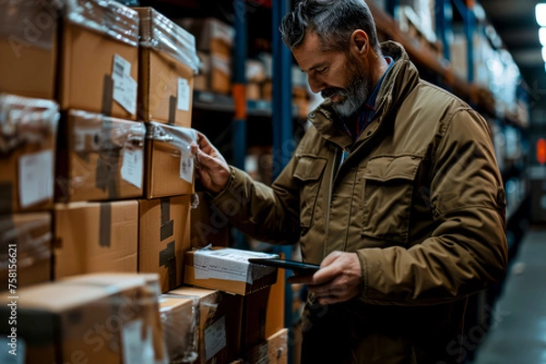 Fototapeta Efficient Middle-Aged Manager Utilizing Tablet for Barcode Scanning and Parcel Preparation in Warehouse Setting