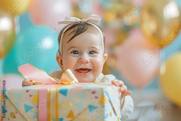Fototapeta Close-up view capturing the sheer delight on the face of a baby girl as they unwrap their first birthday present, revealing a cherished toy or keepsake inside, against a backdrop of festive decoration