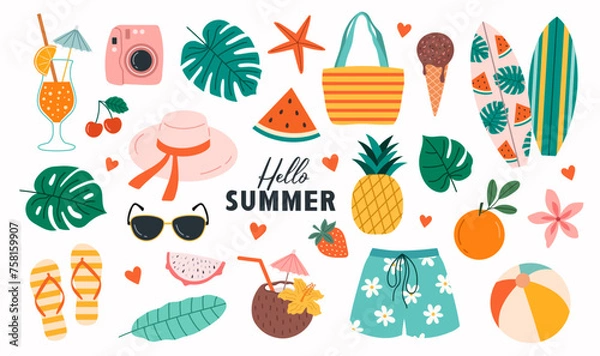 Obraz Set of summer beach stickers. Tropical elements