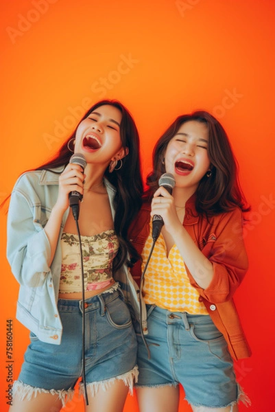Obraz two asian woman with microphones singing on front of orange studio background