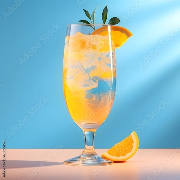 Fototapeta Yellow cocktail with ice in a glass. A slice of orange and a sprig of mint. Blue background with shadows.