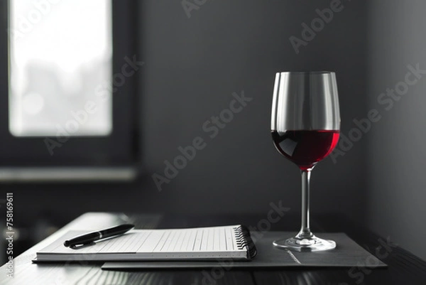 Fototapeta glass of red wine on a table, tasting red wine and making notes at degustation card, sommelier