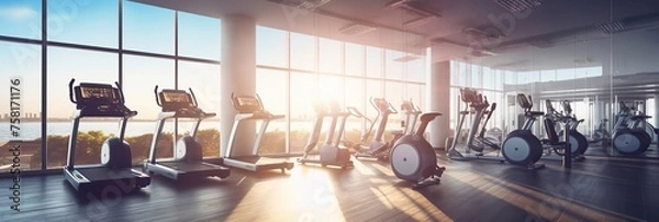 Obraz Blurred large gym with exercise equipment with sunlight, banner