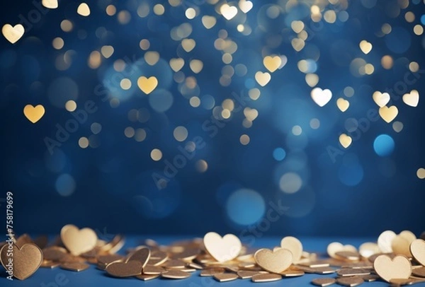 Obraz A blue background with gold hearts and bokeh lights