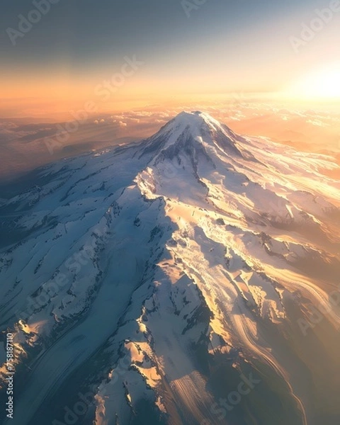 Fototapeta Sunrise over Mount Rainier: Aerial View of the Snow-Capped Peak with a River Below, Illuminated by Warm Morning Light