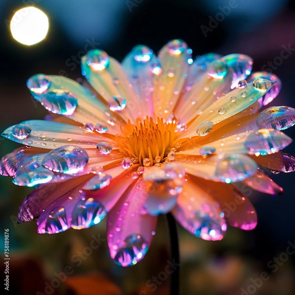 Fototapeta close up of rain drop on fluorescent flower, light rain background created with Generative Ai
