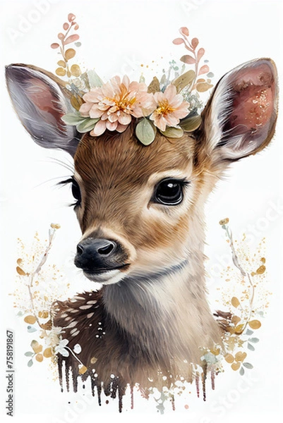 Fototapeta Cute deer portrait with flowers crown. Watercolor baby animal print. Beautiful wildlife animal cartoon drawing poster. Funny mammal character nature wild. Watercolor baby deer.  Ai created