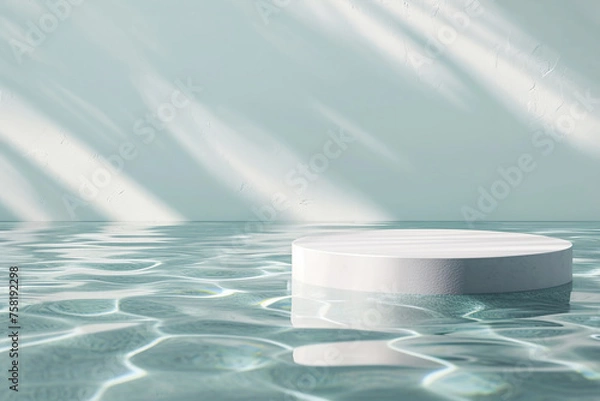 Obraz White platform podium circle with blue water ocean cool sea. Empty white podium stand on abstract pure water background.
