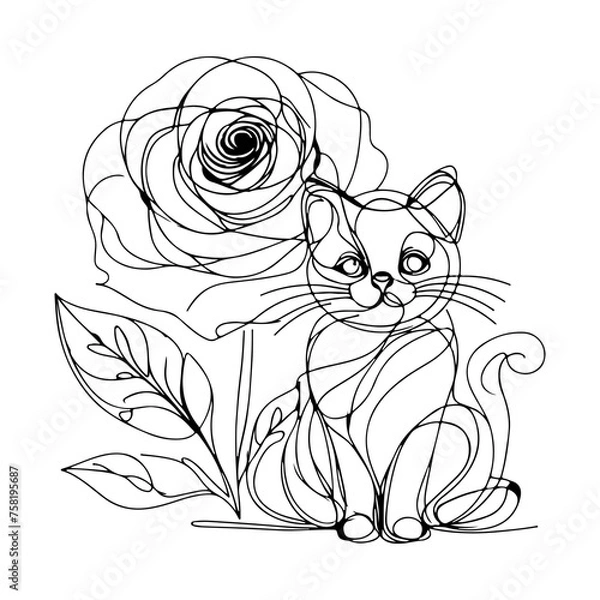 Fototapeta cute line art drawing, kitten and flower,rose, abstract line art, tattoo style 
