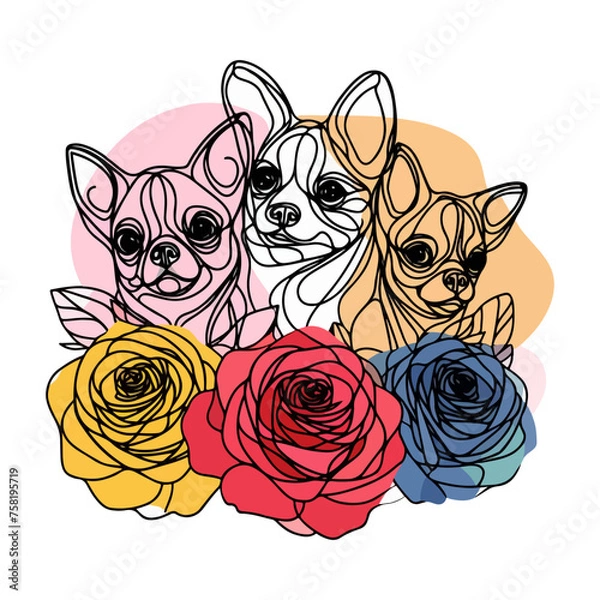Fototapeta cute line art drawing, chihuahua on colorful flower, abstract line art, tattoo style 