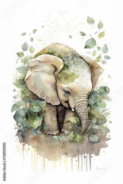 Fototapeta Baby elephant in watercolor style on white background. Animal with Flowers colorful Crown. Cute wildlife animal cartoon drawing. Decorative kids background. include "Generative AI"	
